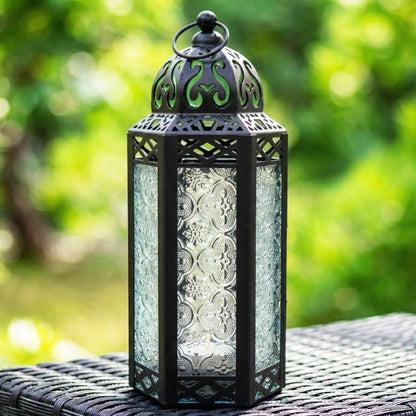 Moroccan Candle Lantern Holder - Decorative Metal & Glass Lantern with Embossed Floral Design for Indoor Home Decor
