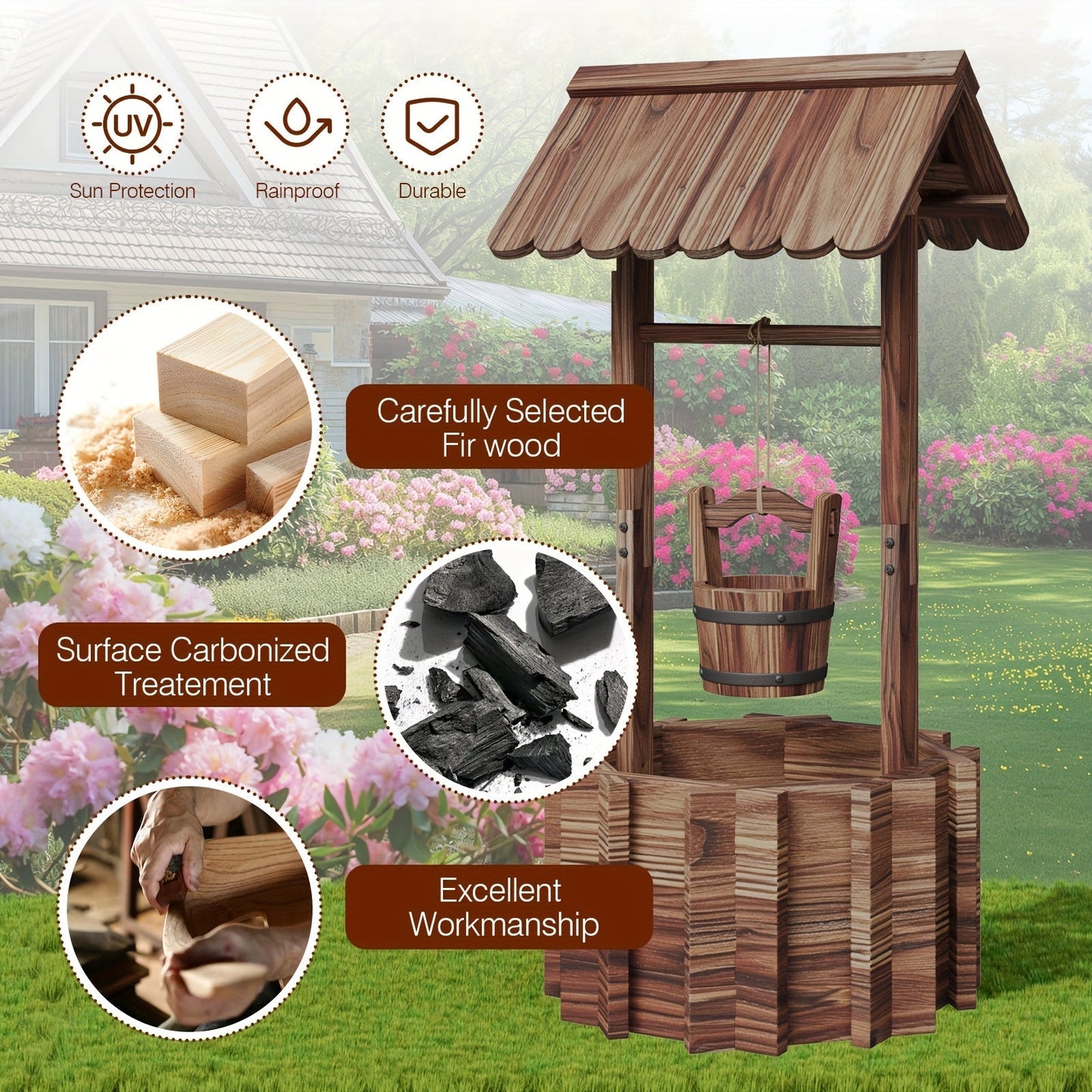 Wishing Well Planter Outdoor Wooden Rustic Garden Decor with Hanging Bucket Barrel Style for Patio Lawn Yard