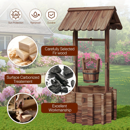 Wishing Well Planter Outdoor Wooden Rustic Garden Decor with Hanging Bucket Barrel Style for Patio Lawn Yard