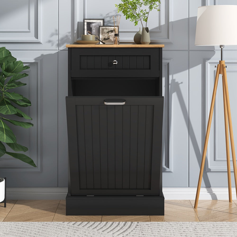 Tilt Out Trash Cabinet Freestanding Kitchen Garbage Cabinet with Cutting Board & Drawer, Wood Hideaway Recycling Station