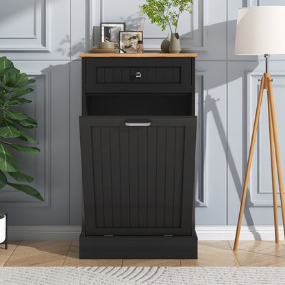 Tilt Out Trash Cabinet Freestanding Kitchen Garbage Cabinet with Cutting Board & Drawer, Wood Hideaway Recycling Station