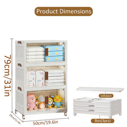 Stackable Foldable Storage Cabinet with Door, PP Plastic 1/2/3/4/5 Layer Organizer Box with Wheels & Cover