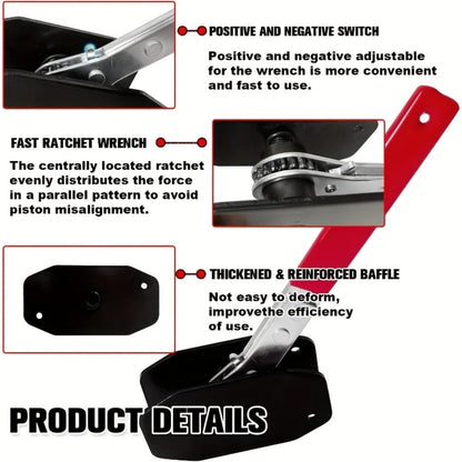 Red-Handle Brake Caliper Piston Press with Channel Plates and Two- or Five-Hook Bundles Pictured