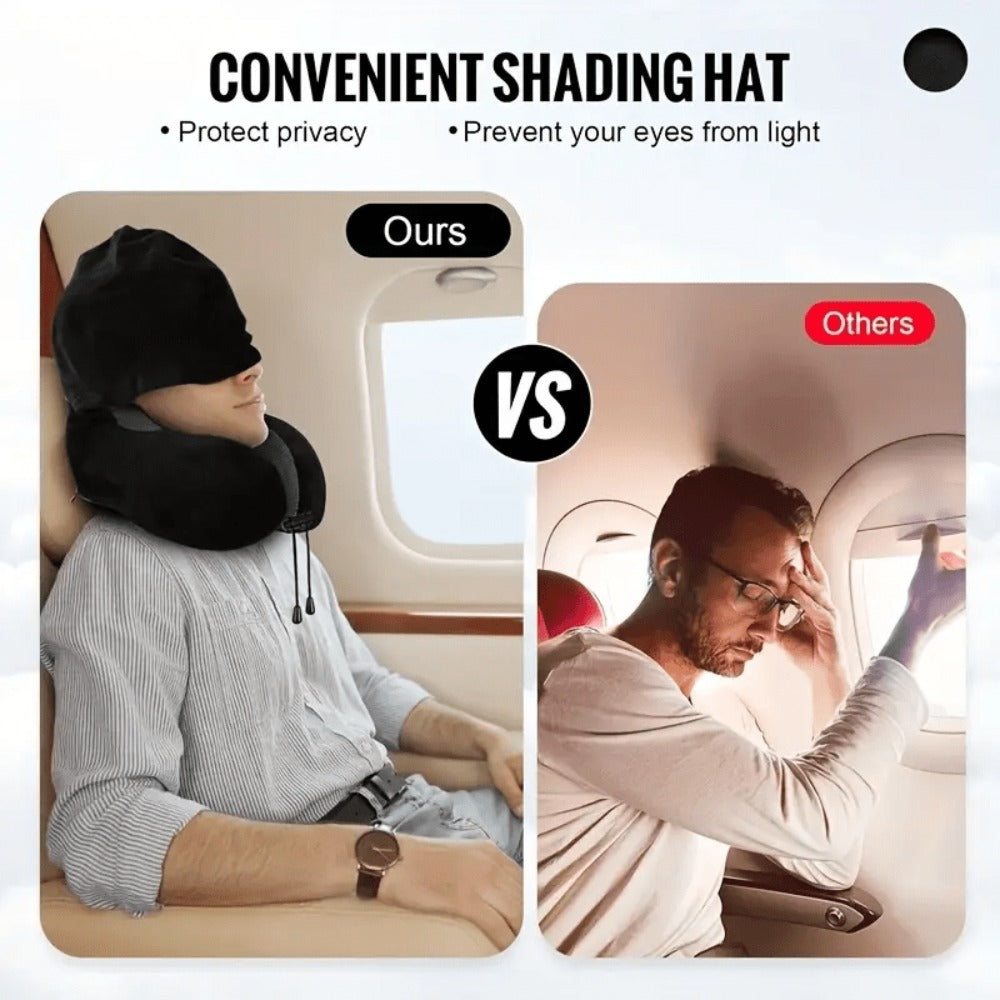 Hooded U-Shaped Travel Neck Pillow with Eye Mask, Carry Bag and Front Drawstrings in Pink, Blue, Black or Grey