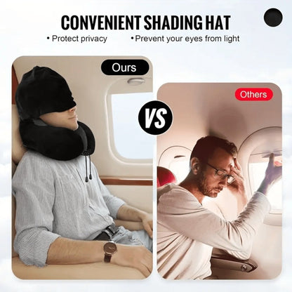 Hooded U-Shaped Travel Neck Pillow with Eye Mask, Carry Bag and Front Drawstrings in Pink, Blue, Black or Grey