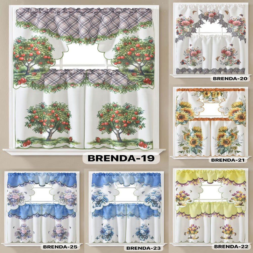 Kitchen Curtains 3 Piece Set Embroidered Satin Valance and Tiers – Rod Pocket Light Filtering Machine Washable 46 Colors