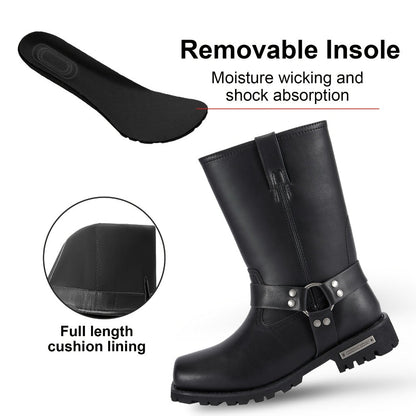 Men's Motorcycle Boots 11" Harness – PU Leather Non-Slip Square Toe Mid-Calf Biker Boots, Abrasion Resistant All-Season Riding Boots