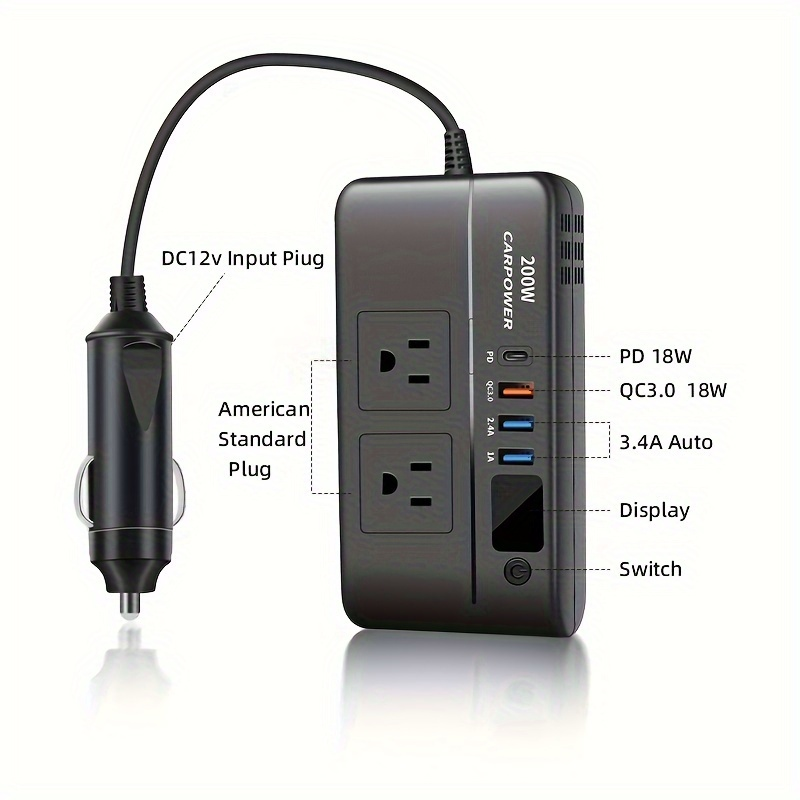 200W Car Power Inverter DC 12V to AC 110V with USB-C PD 20W & QC3.0 Fast Charging for Garden, Patio and Yard Use
