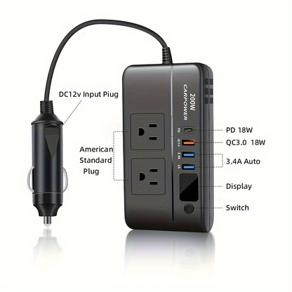 200W Car Power Inverter DC 12V to AC 110V with USB-C PD 20W & QC3.0 Fast Charging for Garden, Patio and Yard Use