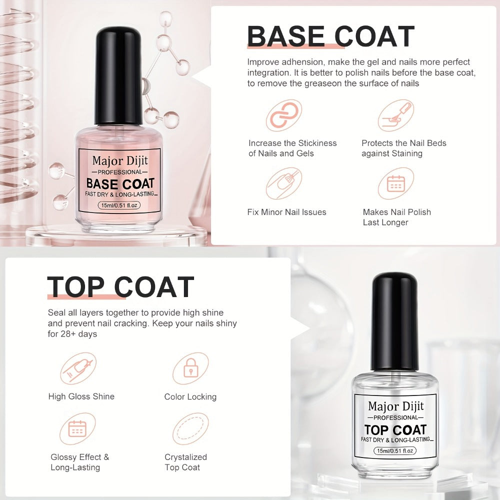 Nail Base Coat and Top Coat Kit – High Gloss Long-Lasting Air Dry Non-Gel Nail Care Set with Nutrient Oil & Drying Agent