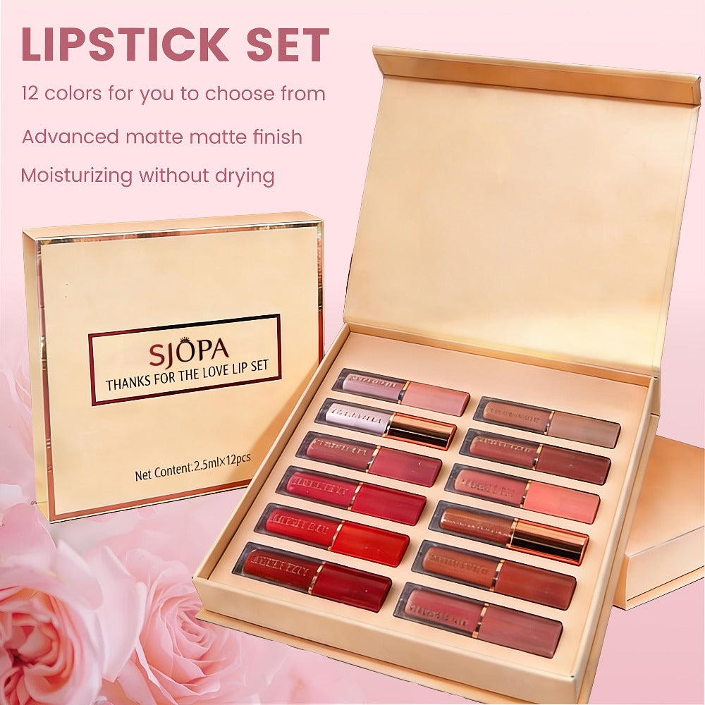 Liquid Lipstick Set 12 Pcs Velvet Matte, Non-Transfer Shimmer & Nude Shades in Elegant Book-Style Gift Box