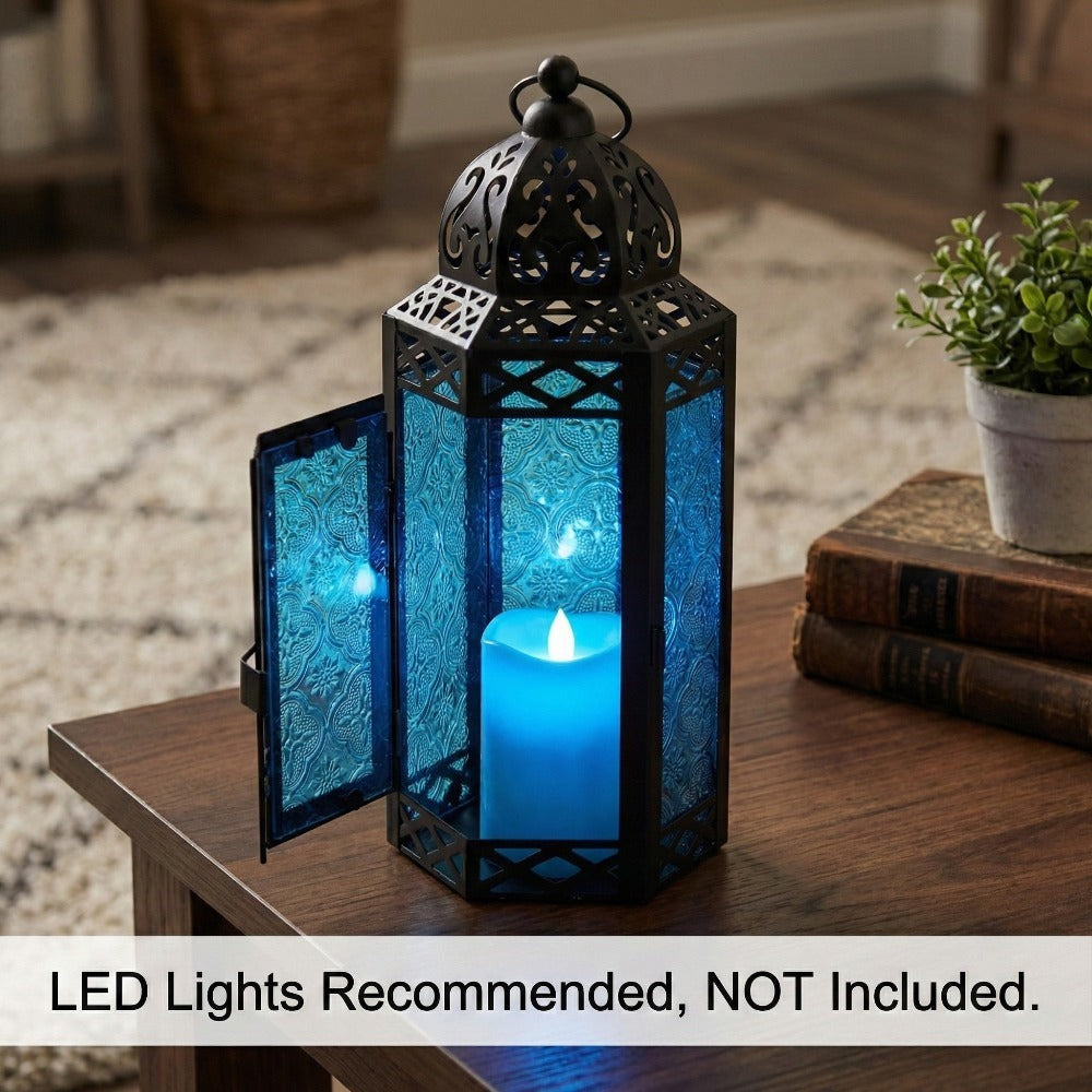 Moroccan Candle Lantern Holder - Decorative Metal & Glass Lantern with Embossed Floral Design for Indoor Home Decor