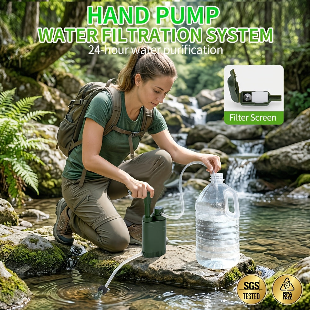 Portable Hand-Pump Water Filter Kit with Green Pump, Clear Hose, Filter Cartridge, Bag and Pictured Accessories