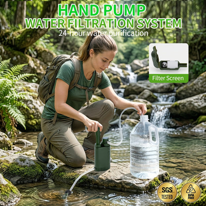 Portable Hand-Pump Water Filter Kit with Green Pump, Clear Hose, Filter Cartridge, Bag and Pictured Accessories