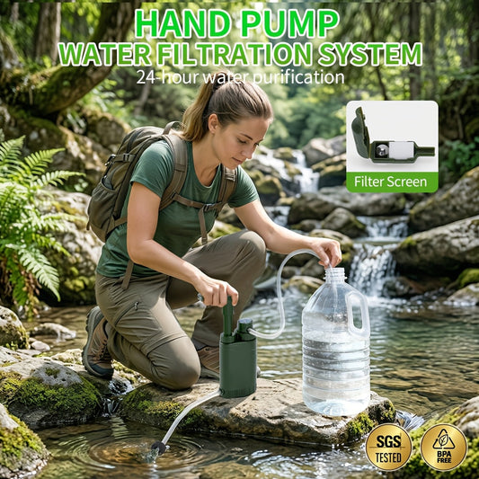 Portable Hand-Pump Water Filter Kit with Green Pump, Clear Hose, Filter Cartridge, Bag and Pictured Accessories