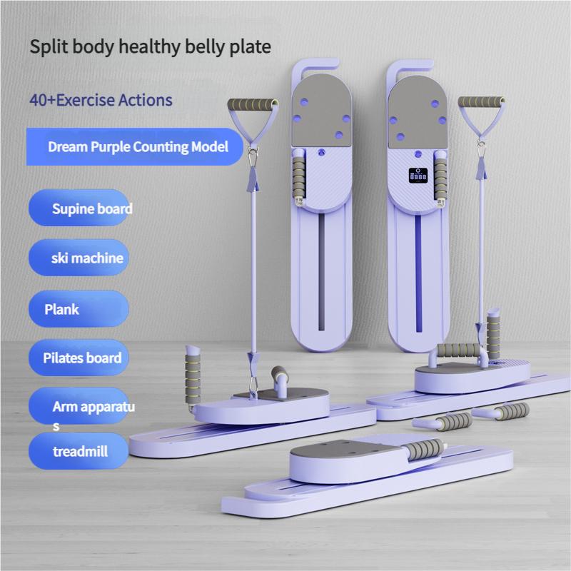 Purple or Blue Compact Pilates Board Trainer with Sliding Base, Display Panel and Resistance Handles