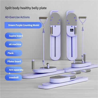 Purple or Blue Compact Pilates Board Trainer with Sliding Base, Display Panel and Resistance Handles