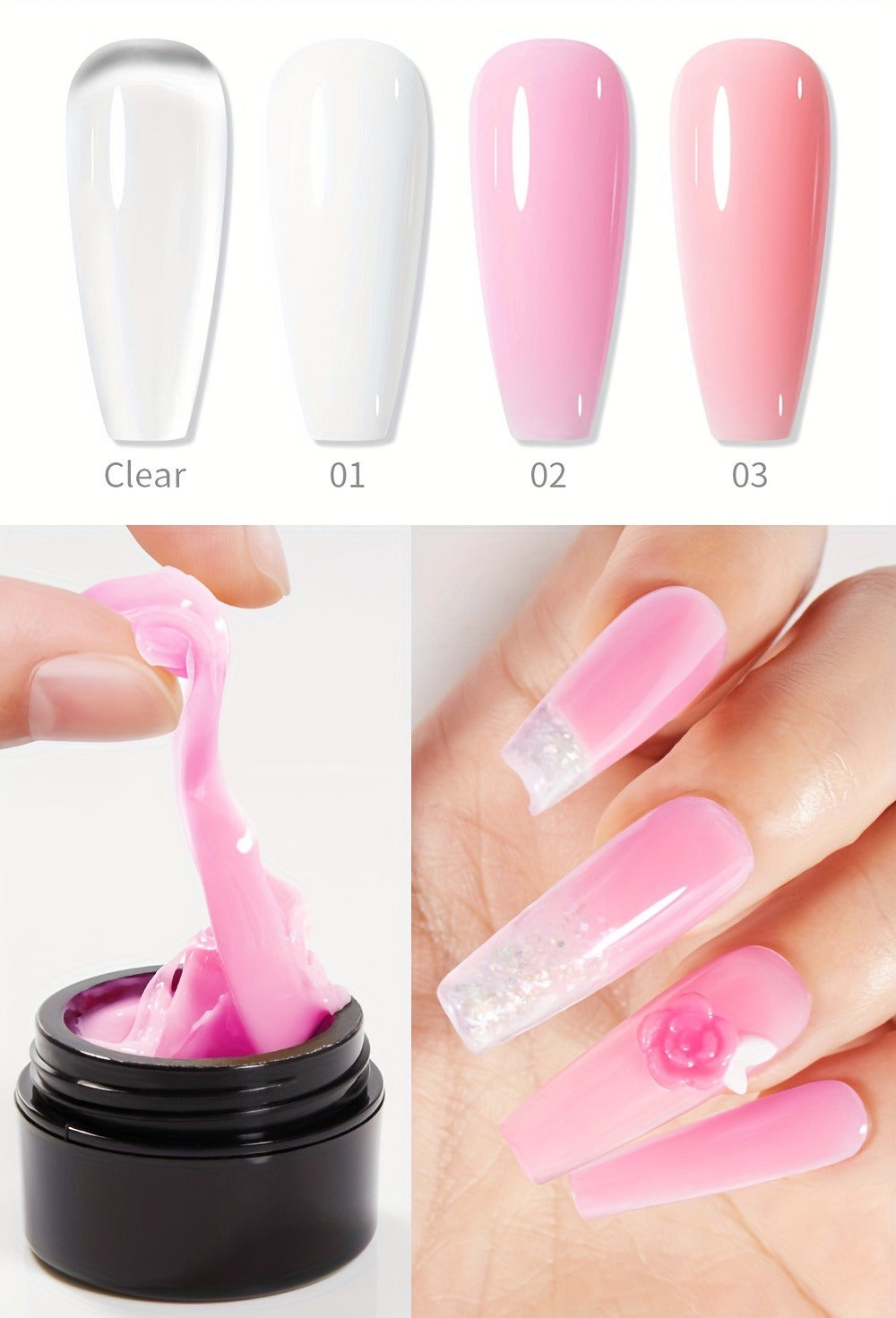 Builder Gel Nail Extension Starter Kit 5pcs Clear Nude Solid – Hard Gel Sculpting Set with Flower Molds & Sculpting Brush for 3D Floral Nail