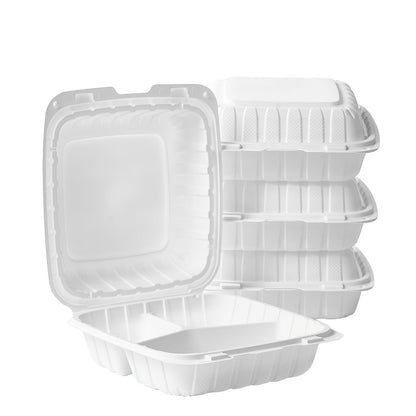 Disposable Food Containers Take Out Boxes with Lids - 7" 8" 9" Plastic Clamshell Meal Prep Containers 1 & 3 Compartment Reusable White