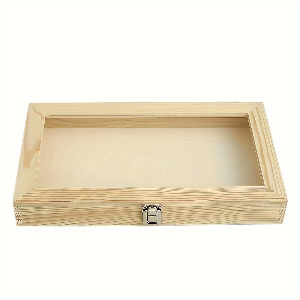 Tabletop Wooden Display Box with Transparent Hinged Lid, Metal Latch and 14.96 x 8.66-Inch Footprint