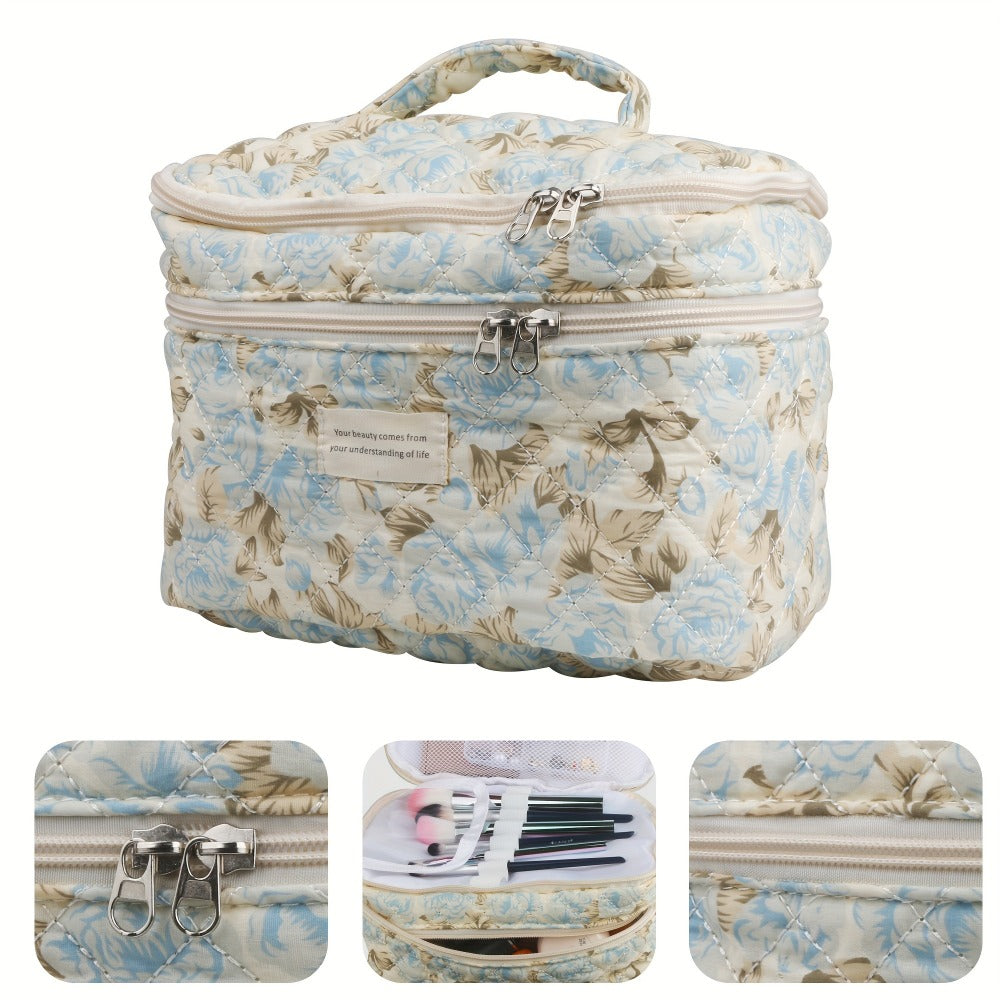 Makeup Bag Three-Piece Quilted Cotton Dual-Layer Floral Pouch Set for Travel, Vanity and Everyday Beauty Storage