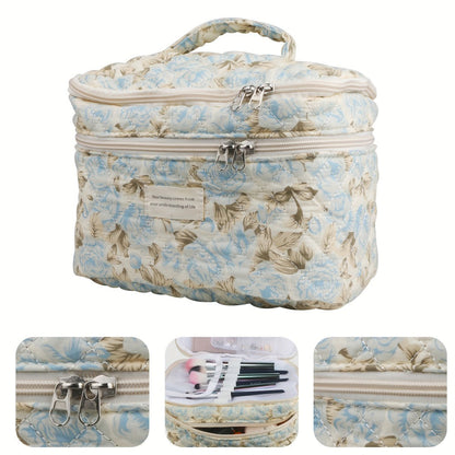 Makeup Bag Three-Piece Quilted Cotton Dual-Layer Floral Pouch Set for Travel, Vanity and Everyday Beauty Storage