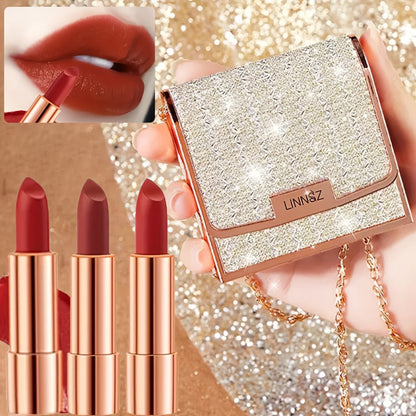 Matte Lipstick Gift Set 3 Pack Velvet Waterproof Long-Lasting Anti-Fading Intense Pigment Full Coverage Lip Color with Elegant Silvery Chain