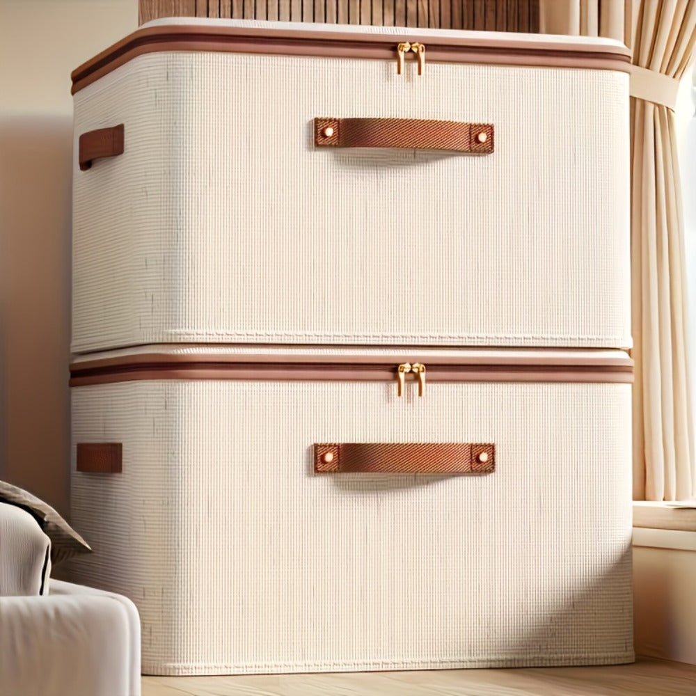 Foldable Storage Boxes with Lids 2-Pack, Large Linen Storage Baskets with Double Zippers & Leather Handles