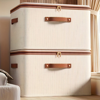 Foldable Storage Boxes with Lids 2-Pack, Large Linen Storage Baskets with Double Zippers & Leather Handles