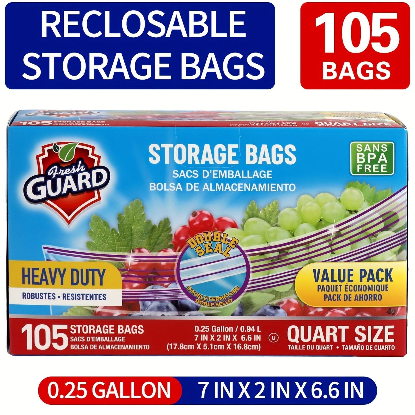 Reclosable Food Storage Bags Heavy Duty Ziplock Seal Fresh-Keeping Bags for Fruits Vegetables Grains Meat Kitchen Organizer Multiple Sizes
