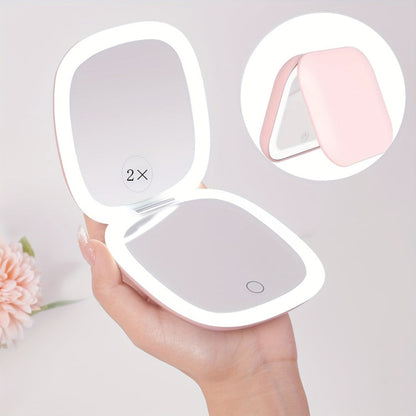 Foldable LED Makeup Mirror Double-Sided 1X 2X Magnification – Handheld Lighted Mirror, for Makeup, Travel and Everyday Vanity Use