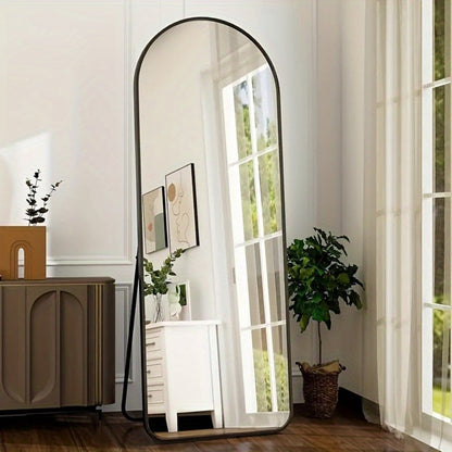 Full Length Mirror 59"x16" Arched Leaning Wall Mirror, Aluminum Alloy Thin Frame, Vertical or Tilted, Black & Gold