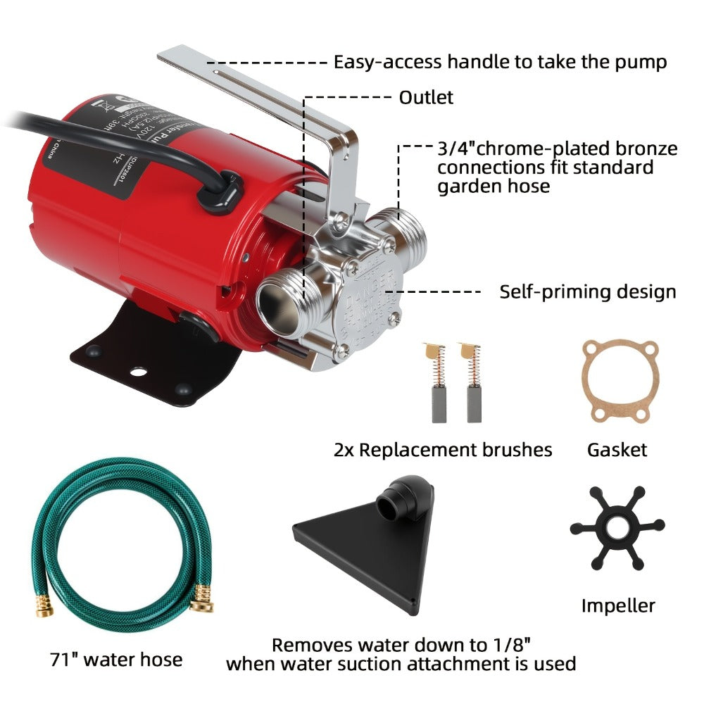 Portable Electric Water Pump 330 GPH, 1/10 HP 120V Utility Pump with Hose, High-Flow Water Transfer Pump for Pool Drain
