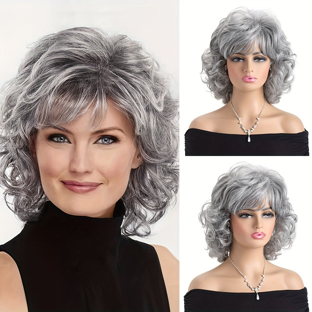 Synthetic Wig 14-Inch Short Curls with Slanted Bangs and Rose Net Cap in Three Colors for Daily Styling