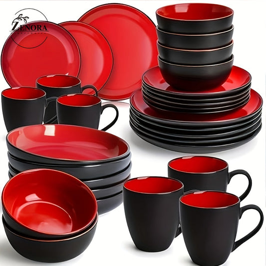 Dinnerware Set Options for Four with Round Plates, Bowls and Cups in Black, Red, Blue, Green or Floral Designs