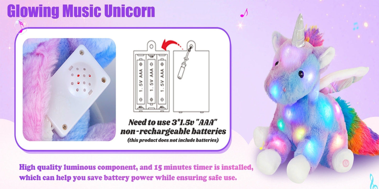 Plush Toy Rainbow Unicorn with LED Glow and Choice of Music or No-Music Light-Up choices for Bedtime