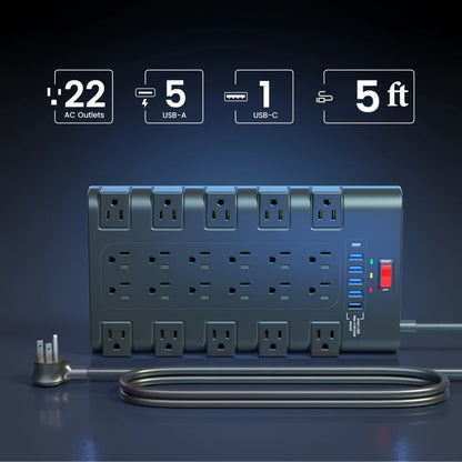Surge Protector Power Strip 28-in-1 with 22 Spacious AC Outlets USB-C PD 45W 2100 Joules Flat for an Everyday Personal Care Routine