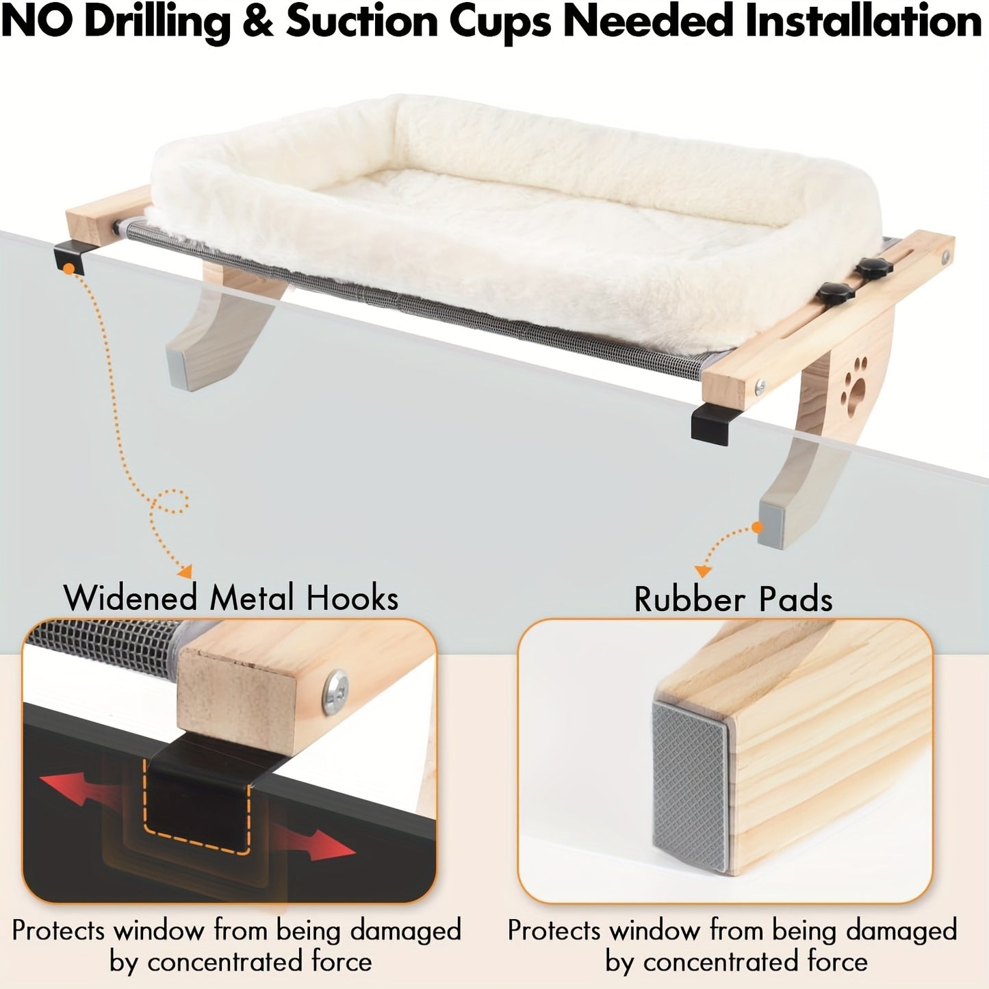 Cat Window Perch Hammock – Wood & Metal Frame Windowsill Seat for Large Indoor Cats, Adjustable Cat Shelf for Window Sill Bedside Drawer