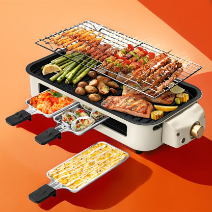 Indoor Electric Smokeless Grill 1500W, Raclette Table Grill with 3 Mini Pans, 16x9" Non-Stick Detachable Plate