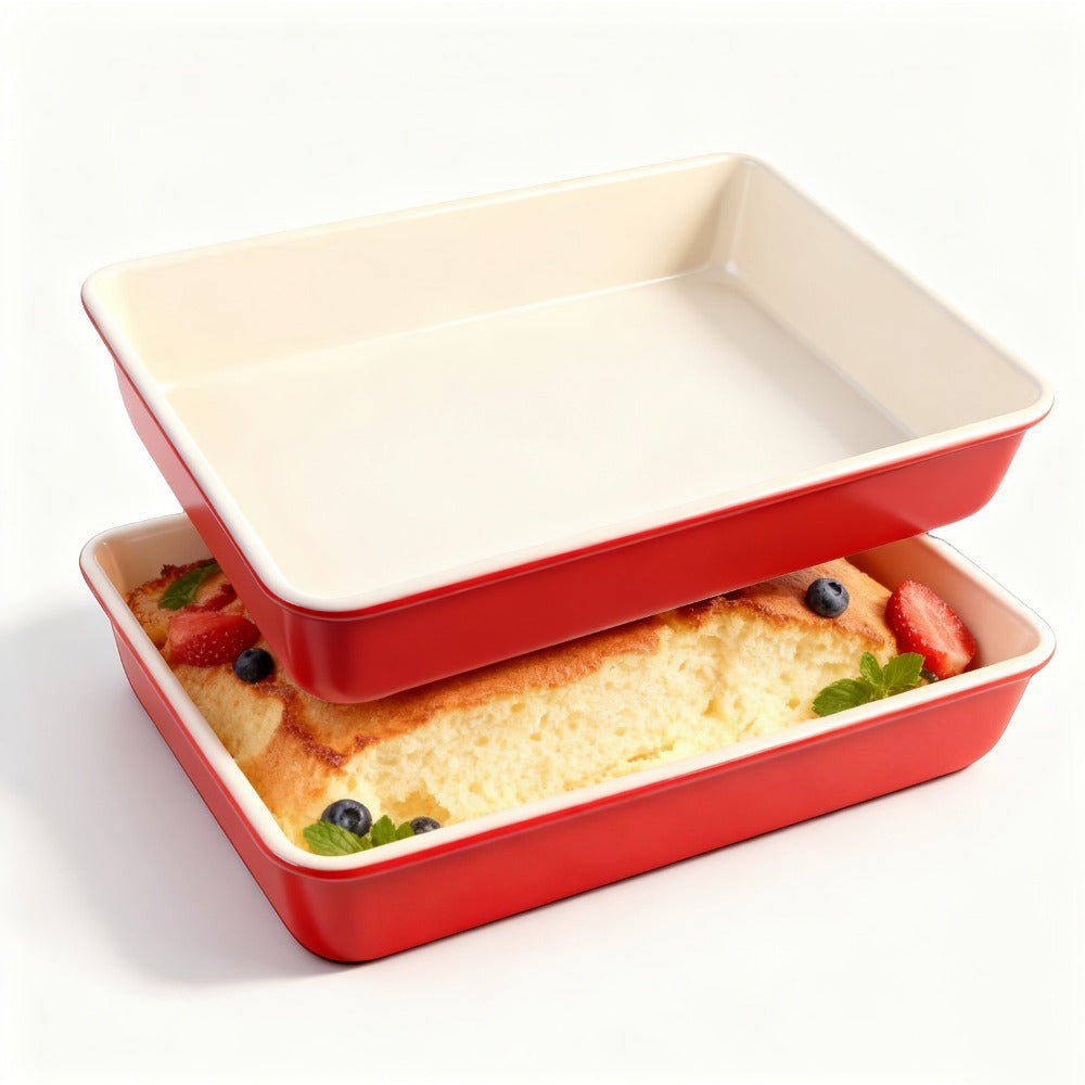 Two-Piece Red-and-Cream Baking Pan Set in Deep Rectangular or 9-Inch Square Checkout Options