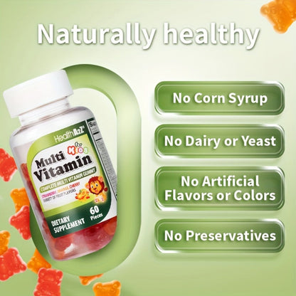 Kids Multivitamin Gummies 60ct with D3, Vitamins A, C, E, B6, B12, Folic Acid, Zinc & Choline for Brain