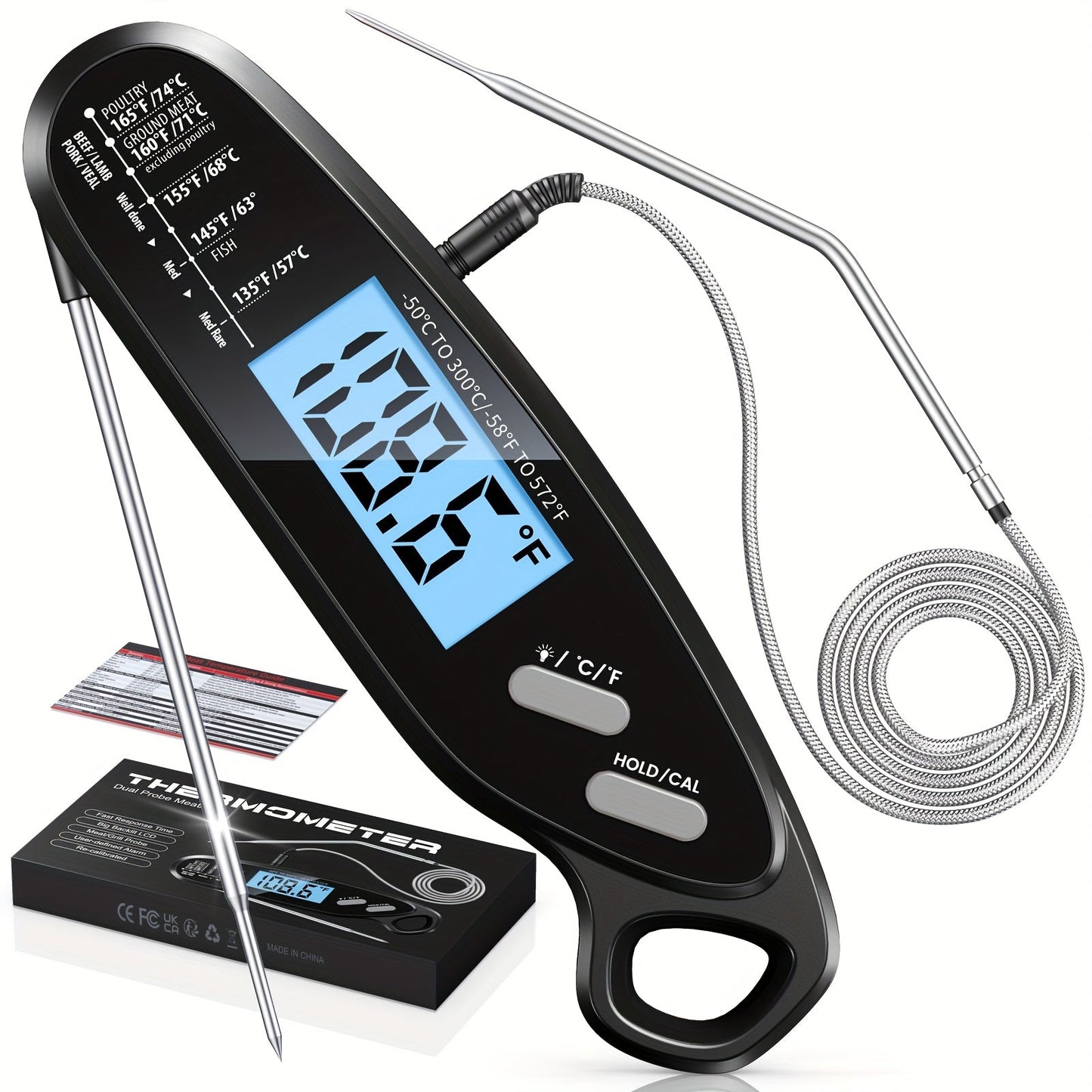 Instant Read Meat Thermometer with Dual Probes Backlit LCD Digital Cooking Thermometer for Grilling, Camping and Outdoor Meals