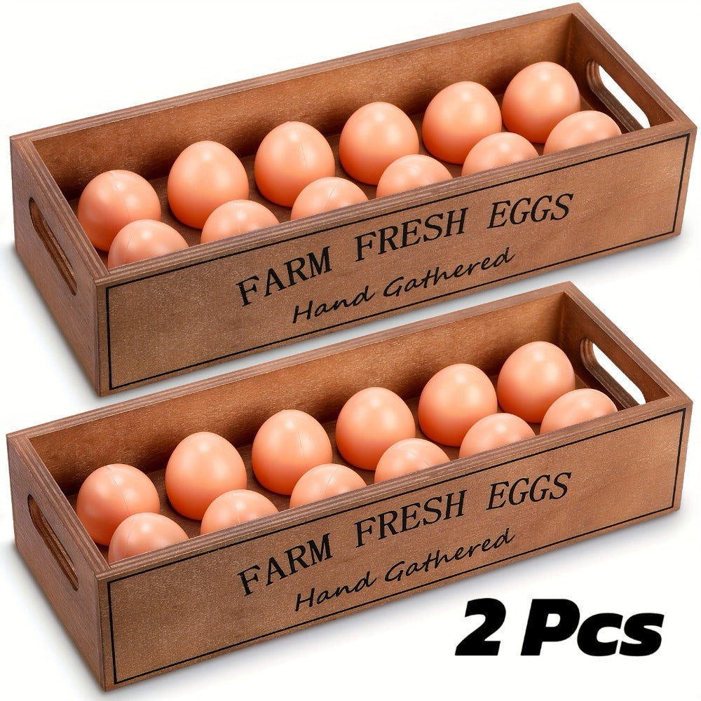 Farmhouse Wooden Egg Holder Rack 2pcs – 24 Egg Storage Display with Handle for Kitchen, Farm, Easter
