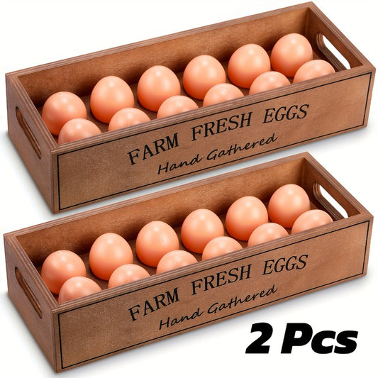 Farmhouse Wooden Egg Holder Rack 2pcs – 24 Egg Storage Display with Handle for Kitchen, Farm, Easter