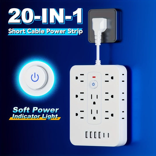 Compact Flat Plug Power Strip 20-in-1, 14 AC Outlets & 6 USB Ports (4 USB-A + 2 USB-C), Lightning Surge Protection
