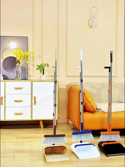 Folding Broom and Dustpan Set with Sectioned Handle, Rotating Head and Nine Blue, Orange or Khaki Checkout Options