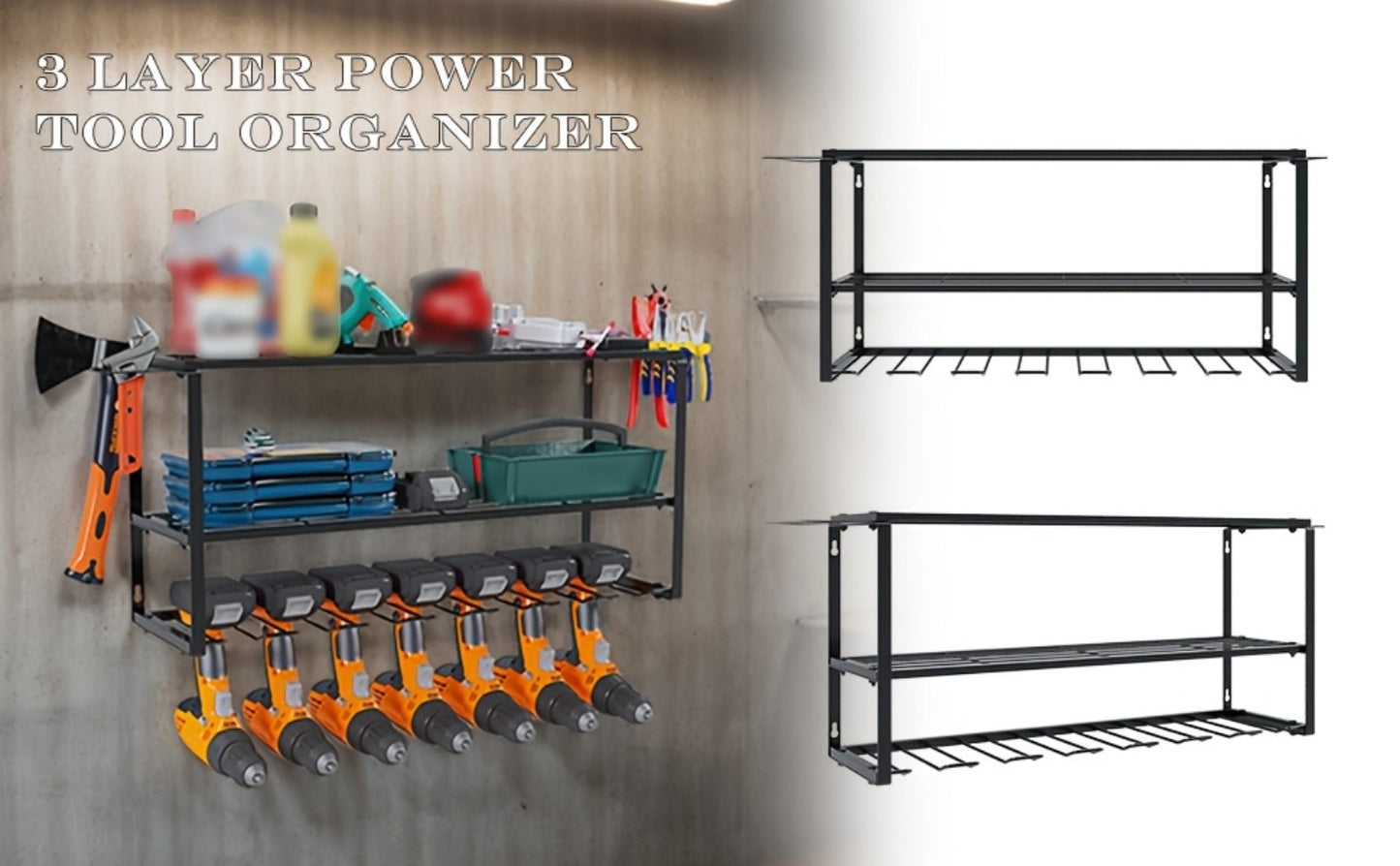 Wall Mount Power Tool Storage Rack, Steel 3-Tier & 4-Tier Garage Tool Organizer with 7 Bit Holders