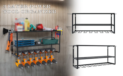Wall Mount Power Tool Storage Rack, Steel 3-Tier & 4-Tier Garage Tool Organizer with 7 Bit Holders