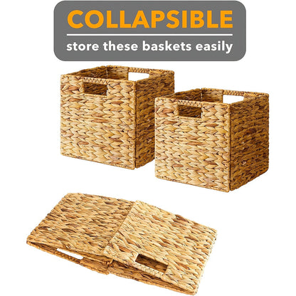 Storage Baskets, Foldable Water Hyacinth Cube with Handles, 11 x 11-Inch, 1- to 4-Pack Options
