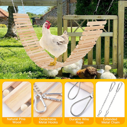 Chicken Perch Ladder Swing Toy Natural Wood Multi-Level Roosting Bar with Metal Chain for Hens Roosters Chicks Indoor Outdoor Coop Bird